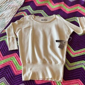 Jennifer Lopez Light Cream Ribbed Knit Top with Gold Chain Neckline